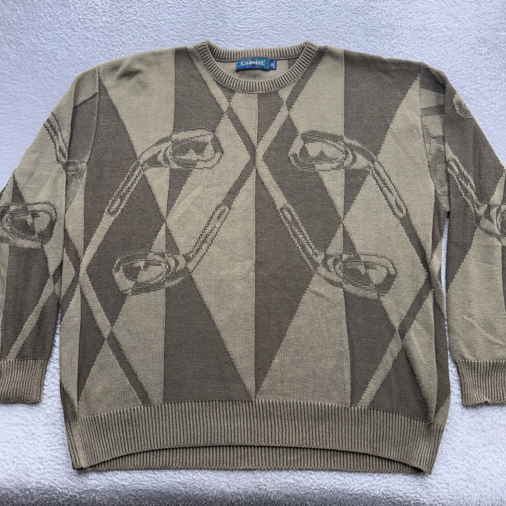 Carmel Vintage Golf Club Argyle Knit Sweater Mens XL Olive Green Cotton USA Made